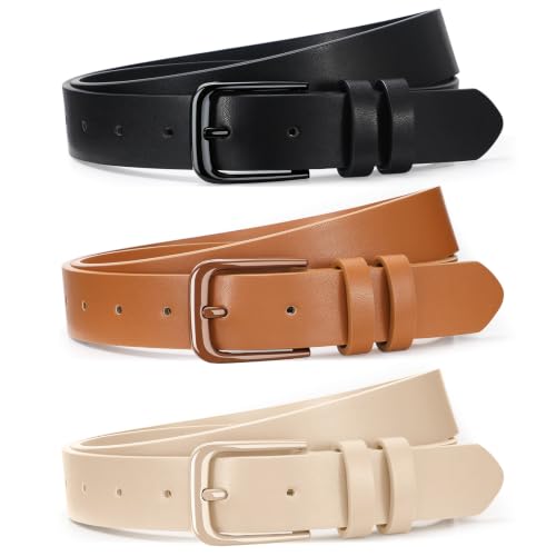 Image of XZQTIVE 3 Pack Women Belts For Jeans Dresses Pants Ladies Leather Waist Belt with Gold Buckle