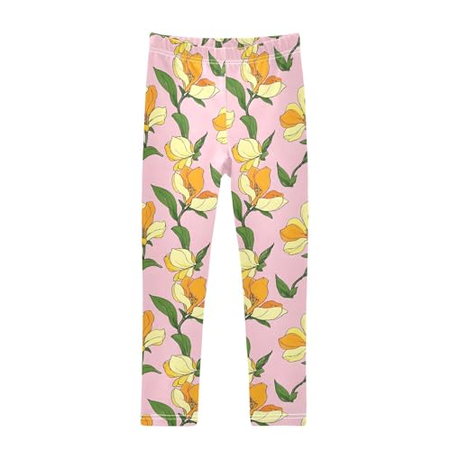 ALAZA Girls' Leggings Children's Yoga Pants Skinny Printed Dance Flower Yellow Orange Pinks Comfortable 4T