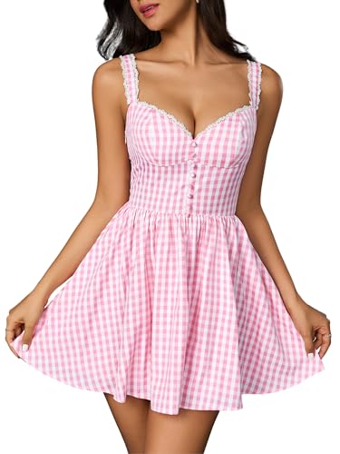 Image of Parthea Women's Summer Cute Corset Mini Dress Lace Spaghetti Strap Sweetheart Flowy A-line Gingham Short Dresses