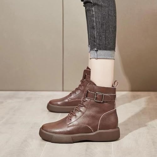 Platform Boots for Women Vintage Round Toe Chunky Heeled Ankle Boots Buckle Strap Lace Up Combat Boots Fleece Lined Fall Winter Short Boots with Side Zipper4