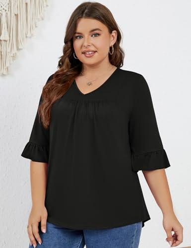 Micoson Womens Plus Size Tops 3/4 Ruffle Sleeve Shirt Casual V Neck Pleated T Shirt Loose Fit Tunic Blouse(1X-5X)3