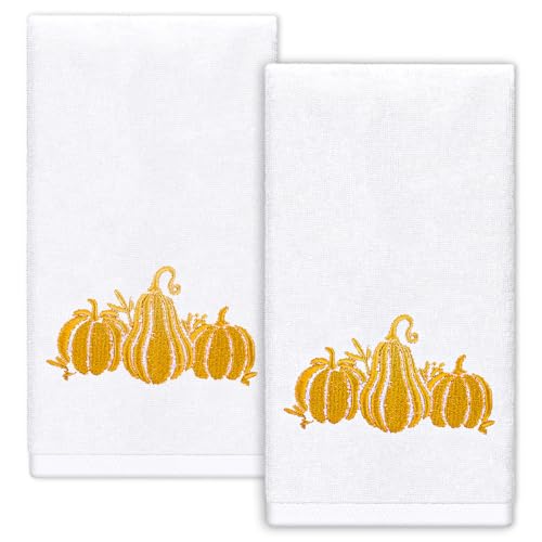 Whaline 2 Pcs Fall Hand Towels Gold Pumpkin Cotton Embroidered Bathroom Towel Autumn Thanksgiving Absorbent Bath Towel for Hand Drying Cleaning Cooking, 29.5 x 13.7 Inch