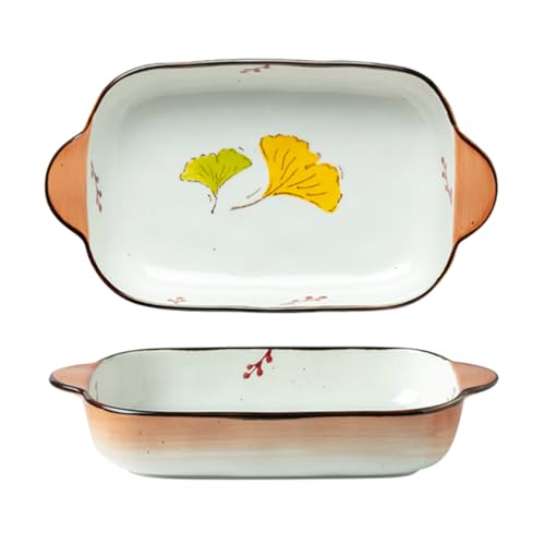 Dxcaicc Lasagne Dish Ceramics 2PCS Retro Double-Handled Dots Oval Gold Edge Hand-Painted Gradient Color Unique Vegetable and Plant Pattern Baking Tray,Ginkgo Leaf,Small