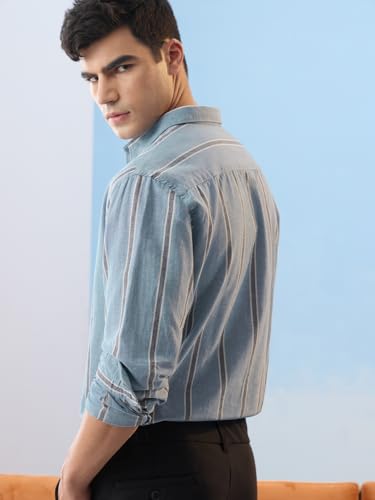 Image of The Souled Store Cotton Linen Stripes: Apricot Men and Boys Long Sleeves Collared Neck Orange Stripes Regular Fit Lightweight Comfortable Summer Cotton Linen Shirts