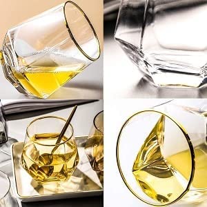Image of Whiskey Glass Transparent, 310 ML, Whisky Glass, Diamond Design Bar Glass for Drinking Bourbon, Whisky, Scotch, Cocktails, Cognac - Old Fashioned Cocktail Tumblers Set of 6 (Gold .$., 6)