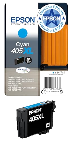 Epson 405XL Cyan Suitcase High Yield Genuine, DURABrite Ultra Ink