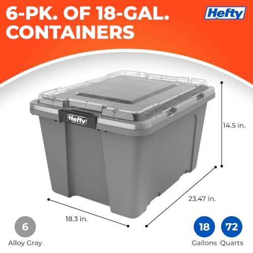 Image of Hefty 18 Gallon Storage Bin with Clear Lid, Heavy Duty Plastic Storage Container Stackable Tote for Garage Closet Home Organization, Large Storage Bin, 6 Pack, Grey