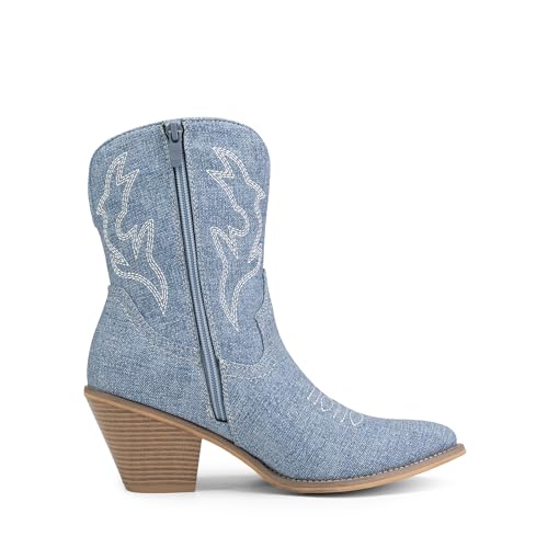 DREAM PAIRS DREAM PAIRS Women's Cowboy Ankle Boots Western Booties Low Heel Pointed Toe Cowgirl Boots,Size 6,Denim Blue,SDAB2302W