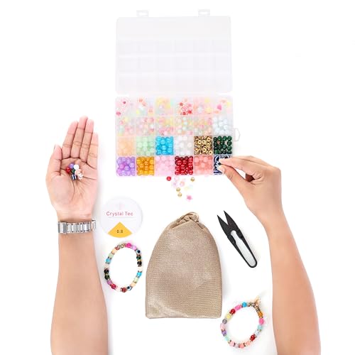 Image of Ambitieux DIY Bracelet Making Kit 575+ Beads Jewelry Set With Glass,Double,Charms Pendants Accessories,Evil Eye,Elastic Thread,Cutter & Jute Bag Craft Kit For Girls,Kids & Adults (Jelly),Multicolor