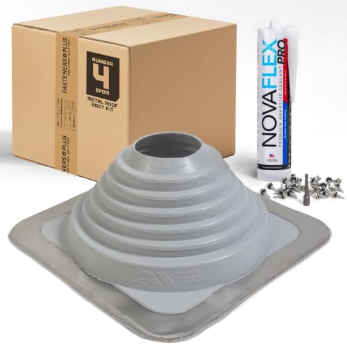 Image of Fasteners Plus #4 Square EPDM Metal Roof Pipe Flashing Boot | with Complete Install Kit (Fits 2-3 /4 inch - 7 inch Pipe OD), Gray