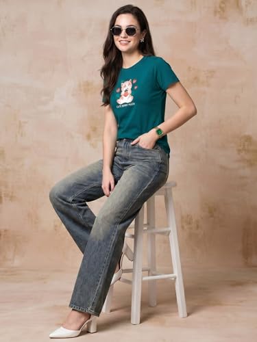 Image of JUNEBERRY Women's Regular Fit Pure Cotton Printed T-Shirt | Soft Fabric, Breathable Comfort | Round Neck, Half Sleeves, Round Neck (Size: S to 2XL)