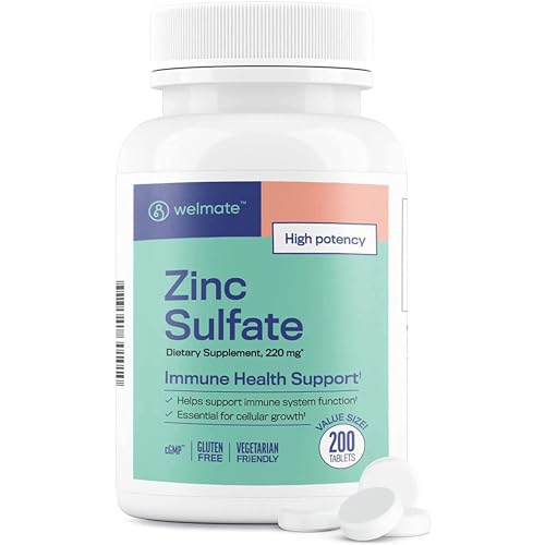 WELMATE Zinc Sulfate 220 mg (50 mg Elemental Zinc) High Potency Tablets 200 Count (200 Day Supply) - Immune Support Dietary Supplement for Men & Women - Skin & Hair Health - Vegetarian Gluten Free