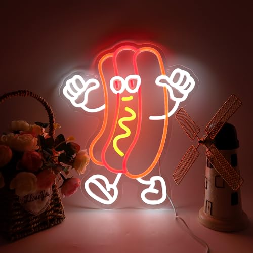 Hot Dog Dancing Neon Signs for Hotdog Themed Party Decorations LED Neon Hot Dog Light Up Sign for Room Wall Decor hotdog Gifts 12.8 * 15.2 Inch