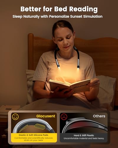 Glocusent Neck Light, 1600mAh Rechargeable Reading Light - 3 Colors & 5 Stepless Brightness, Book Light with a Lock, Timer & Sleep Aid, Ergonomic Design, Perfect for Reading, Knitting & Craft