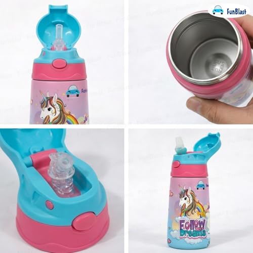 Image of FunBlast Unicorn Water Bottle for Kids - Cute Water Bottle with Straw, Insulated Stainless Steel Bottle, Leak-Proof Sipper Bottle for Kids (300 ML)