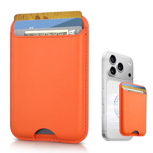 Image of KPNEOL Magnetic Mag-safe Wallet Cell Phone Card Holder for Phone Case with Mag-Safe, Stronger Magnetic RFID Leather Stick on Phone Wallet Compatible with iPhone 17 /16 /15 /14 /13 /12 Series, Orange Color