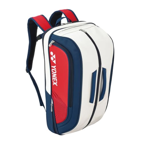YONEX BA02312EX Expert Badminton/Tennis/Squash Leather Bag Backpack 3 Racket Capacity with Shoe Compartment. (White/Red/Navy)
