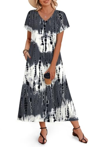 Image of Zeagoo Women Summer Floral Dress Short Sleeve Beach Dress with Pockets Casual V-Neck Split Long T-Shirt Dress Travel Vacation