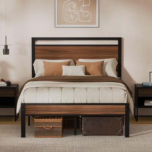 Image of Z-hom Full Metal Bed Frame&Wooden Headboard&Footboard,No Box Spring,Walnut | Heavy Duty &Metal Slats,No Box Spring Needed,Quiet&Non-Slip Design,Space Saving Bed Frame for Bedroom