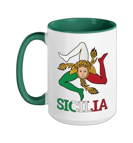 Sicilia, Sicily Trinacria Ceramic Mug, Dark Green/White, 15oz