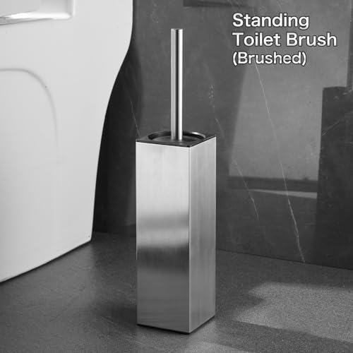 Image of Standing Toilet Brush - Square Base, Plunger Set, Holder - Toilet Bowl Cleaner - Brushed