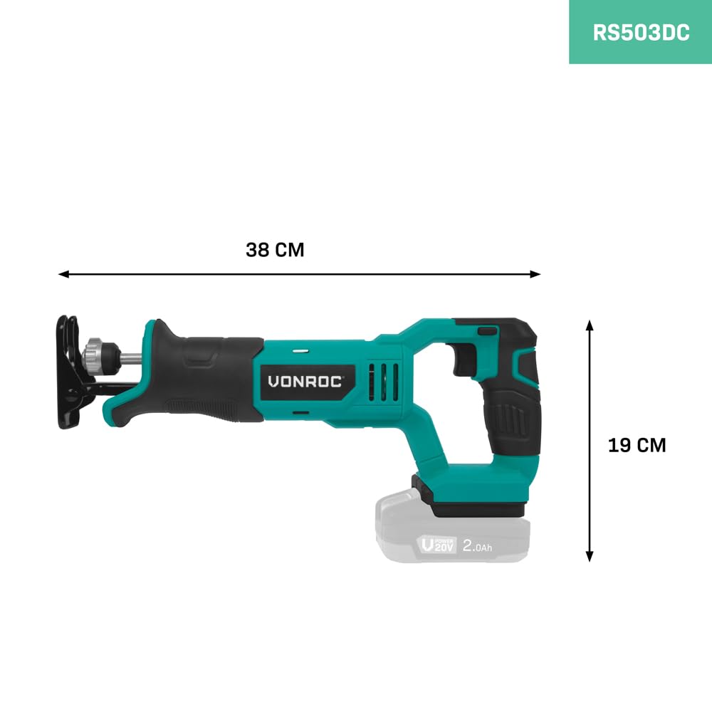 VONROC Scie Alternative 20V Sans Fil – 0–3000/min, Course 25mm – 3 Lames Incluses – Changement Rapide, LED & Softgrip – Coupe Bois, Métal, PVC – Plateforme VPower