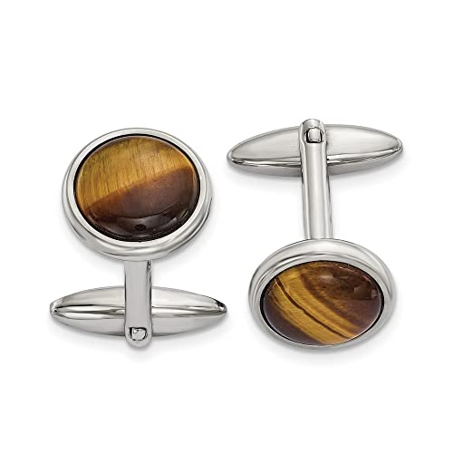 The Black Bow Stainless Steel & Brown Tiger's Eye Round Cuff Links, 16mm (5/8 Inch)