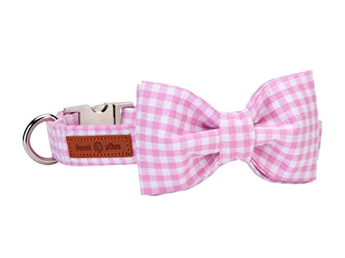 Lionet Paws Dog Collar with Bowtie, Comfortable Adjustable Cute Pink Gingham Bow Tie Collar for Female Dogs Gift, Medium, Neck 13.5-22 inches