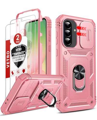 LeYi Cover per Samsung A 56 con 2 Pellicola Vetro Temperato,Custodia per Samsung Galaxy A56 con Protezione Fotocamera [Slidable] Antiurto Armor 560° Anello Supporto TPU Bumper Custodie, Rosa