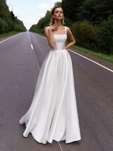 Women's Square Collar Satin Wedding Dress for Bride A Line Floor Lenght Simple Formal Bridal Dress4