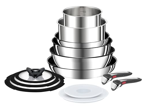 Tefal Ingenio Preference On - Juego de 2 Sartenes + Wok + guisera + 2 cazos + 5 accesorios + 2 Mangos extraíbles, sartenes antiadherentes, revestimiento titanio, Thermo-signal, apto lavavajillas