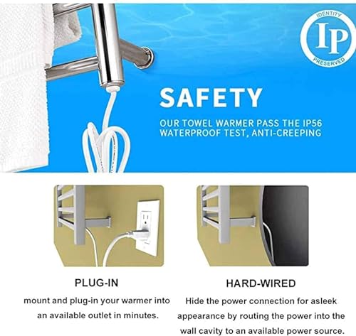 Radiador toallero eléctrico de Pared de 10 Barras, 88 W, Acero Inoxidable 304, para baño, con cableado.(Hardwired)
