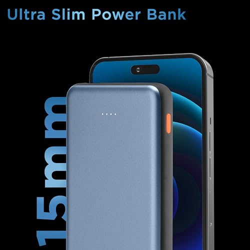 Image of URBN Power Bank 10,000mAh Ultra Slim 12W | Dual Port Type C Input /Output | BIS Certified | 4-Layer Circuit Protection | 6-Month Replacement Warranty | Made in India | Free Type C Cable - Blue