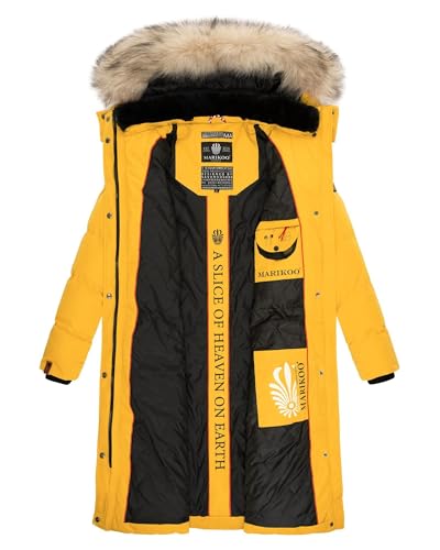 MARIKOO lange Damen Winterjacke warmer Parka gesteppt mit Kapuze B890 [B890-Schneestern-A-Yellow-Gr.M]