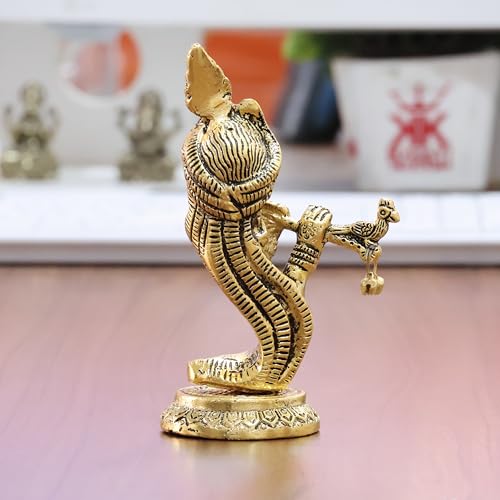 Image of KridayKraft Pagdi Krishna with Playing Flute Idol, Gold-Toned Metal Decorative Showpiece Hindu Religious Art Figurine, Statue