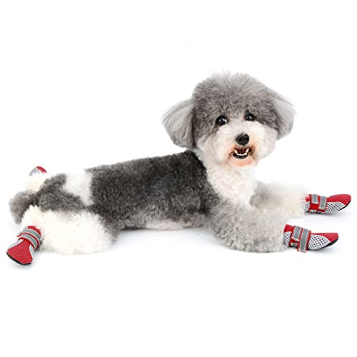 Zunea Pfotenschutz-Hundestiefel, Sommer, rutschfest, klein, verstellbar, reflektierend, weich, atmungsaktives Mesh, hitzebeständig für heißen Asphalt - Rot, Größe S