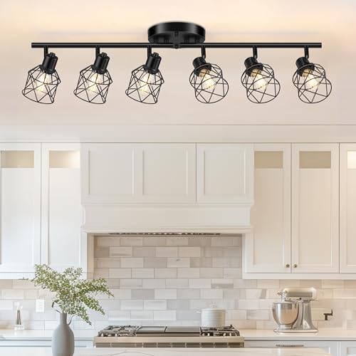 Baocuz 6-Lights Black Semi Flush Mount Ceiling Light, Multi-Directional Ceiling Light Fixtures, Rotatable Kitchen Track Lighting Fixtures with Wire Cages for Living Room, Dining Table, Foyer