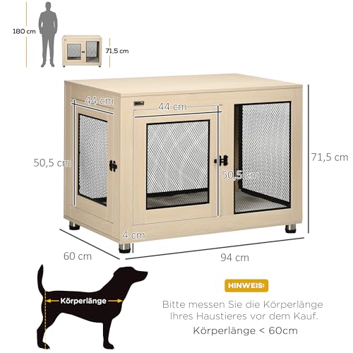 PawHut Hundekäfig Möbel mit 2 Türen waschbaren Kissen Moderne Stahl Hundebox für Zuhause Indoor Hundehütte für große Hunde bis zu 30 kg Hundehaus 94x60x71,5 cm Eiche