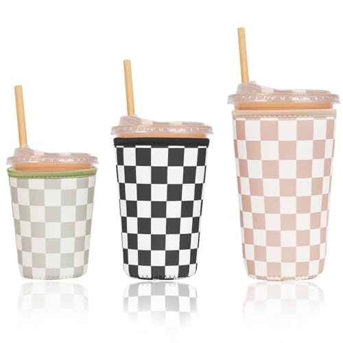 Image of Reusable Insulated Neoprene Iced Coffee Cup Sleeve, Durable Drink Sleeve for Cold Beverages, Beverage Holder for Iced Coffee, Multi-Tone Checkers