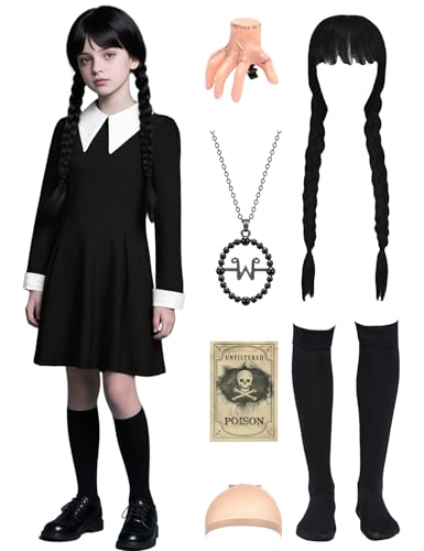 Hitormoon Disfraz de Halloween para niñas, vestido negro, cuello de Peter Pan, manga larga, trajes de cosplay familiares con peluca, collar, calcetines, horquilla, gorra, HN021L