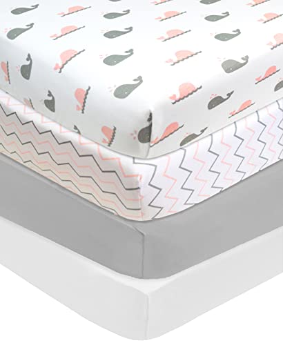 Image of American Baby Company 4 Pack Fitted Crib Sheets 28" x 52", Soft Breathable Neutral 100% Cotton Jersey Sheet, Pink Zigzag/Pink Whale/Gray/White, for Boys and Girls, Fits Crib and Toddler Bed mattresses