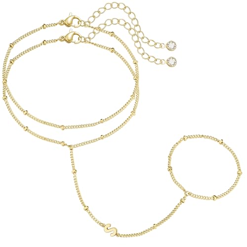 Image of M MOOHAM Hand Chain Bracelets for Women - Dainty Gold Ring Bracelet Letter S Initial Hand Chain for Women Trendy Link Charm Bracelet Personalized Gold Jewelry Gifts