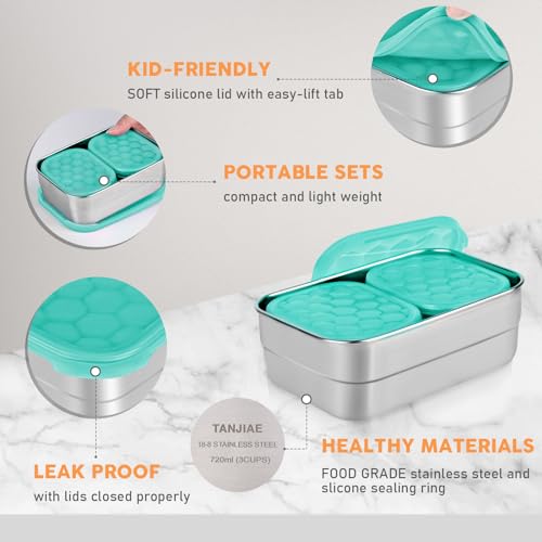 Image of Tanjiae Stainless Steel Lunch Snack Containers Set | Leak Proof 304 Stainless Steel Food Containers with Silicone Lids - Perfect Metal Lunch Box for School and Daycare (Green Orange Lunch, Medium)