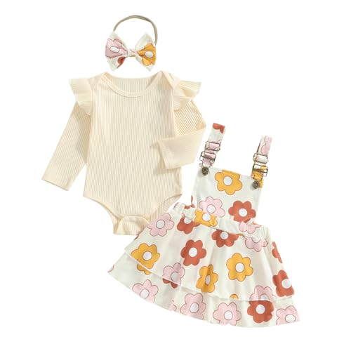 Newborn Baby Girl Outfits Long Sleeve Romper Floral Suspenders Skirt Cute Headband 3 Pcs Infant Fall Winter Clothes