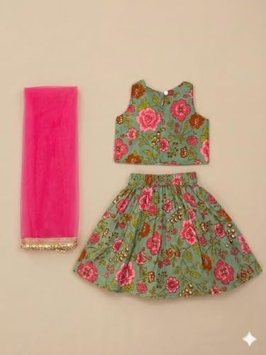 Image of A.T.U.N. (ALL THINGS UBER NICE) Girls Cotton Ethnic Floral Lehenga Choli Set with Lace & Dupatta | Traditional 3-Piece Festive Outfit for Kids