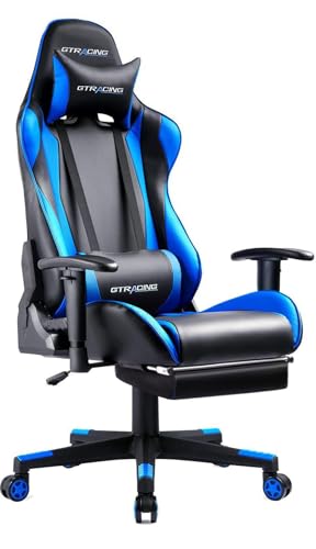 11% off - GTRacing ゲーミングチェア オフィスチェア デスクチェア ゲーム用チェア リクライニング パソコンチェア ハイバック ヘッドレスト ランバーサポート ひじ掛け付き 高さ調整機能 PUレザー オットマン付き ブルー (GT002F-BLUE)