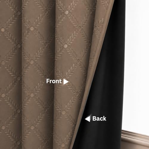 Image of LINENWALAS 100% True Blackout Door Curtains 8 Feet Long Set of 2 | Embossed Moonlight Design | Room Darkening Curtain | Thermal Insulated Curtains for Living Room, Bedroom (129 x 244 cm, Light Brown)
