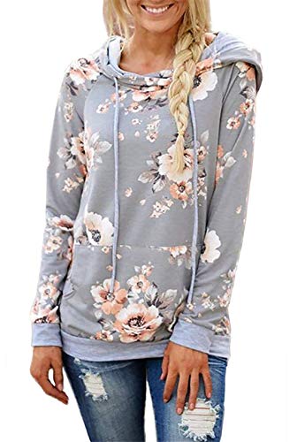 onlypuff Gray Hoodies Women Floral Print Shirt Long Sleeve Hooded Sweatshirt Tunic Tops XL