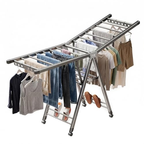 LxBrillxiant Heavy Duty 3-Tier Clothes Drying Rack with Wheels & Shoe Rack - Large 5.9ft Foldable Metal Laundry Stand, Portable Collapsible Clothing Hanger for Indoor Outdoor Use in Laundry Room