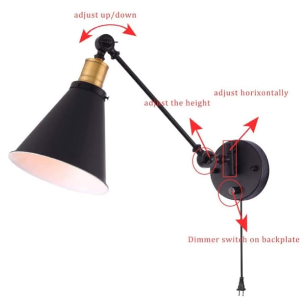 Zestaw 2 regulowanych lamp ściennych z obrotowym ramieniem, oświetlenie ścienne do sypialni, salonu, łazienki z przewodową kinkietem, czarne metalowe przemysłowe kinkiety